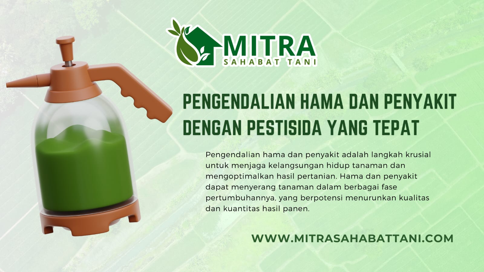 Pengendalian hama dan penyakit adalah langkah krusial untuk menjaga kelangsungan hidup tanaman dan mengoptimalkan hasil pertanian. Hama dan penyakit dapat menyerang tanaman dalam berbagai fase pertumbuhannya, yang berpotensi menurunkan kualitas dan kuantitas hasil panen. Oleh karena itu, penggunaan pestisida yang tepat merupakan salah satu solusi yang efektif.
Pestisida membantu petani mengendalikan berbagai organisme pengganggu yang merusak tanaman. Berikut adalah manfaat utama penggunaan pestisida dalam pertanian:

Melindungi Tanaman dari Hama dan Penyakit: Pestisida membunuh atau mengusir hama serta mencegah penyebaran penyakit yang dapat merusak tanaman.

Meningkatkan Hasil Panen: Dengan perlindungan yang tepat, tanaman dapat tumbuh sehat dan optimal, menghasilkan buah atau produk pertanian dalam jumlah banyak.

Meminimalkan Kerugian Ekonomi: Penyakit dan hama yang tidak terkendali dapat menyebabkan kerugian besar. Pestisida membantu menghindari kerugian ini.